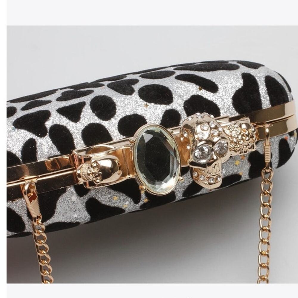 Leopard Print Hard Case Brass Knuckle Skull Clutch Gold Accent Statement Bag